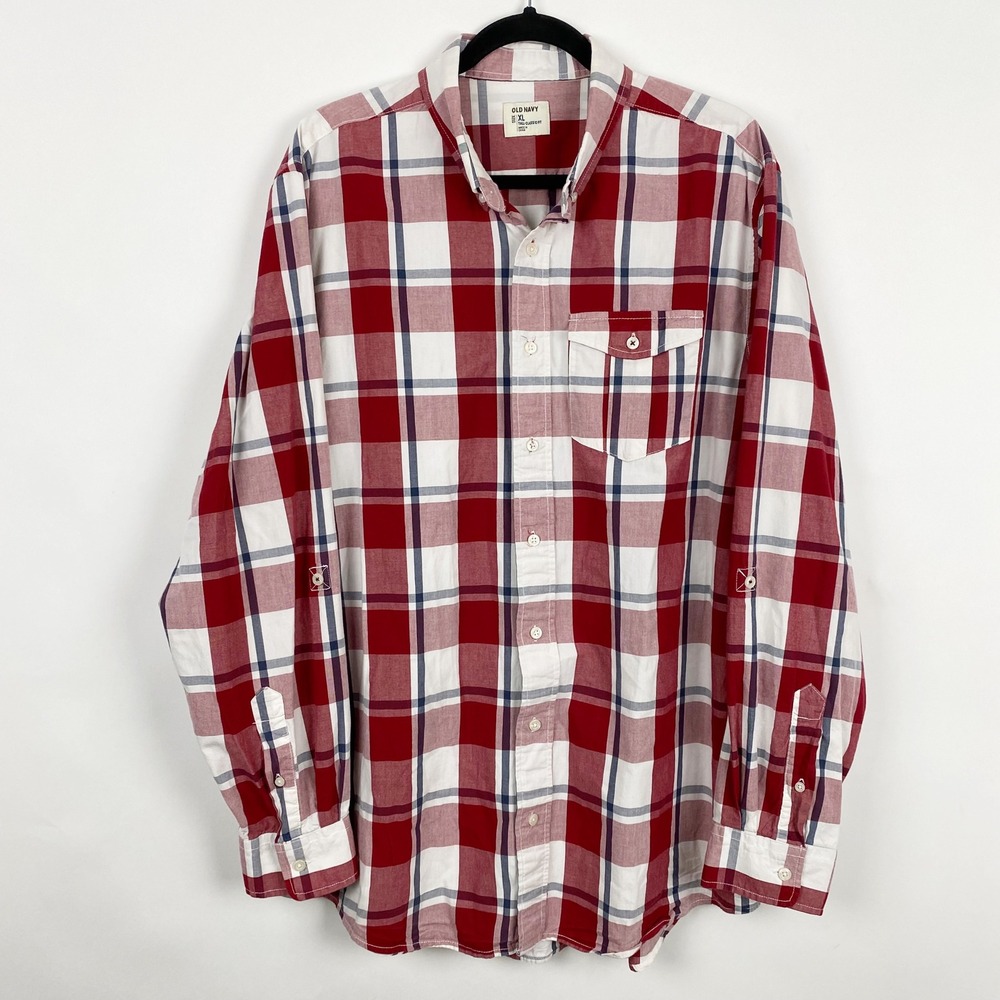 Old Navy Tall Classic Fit Plaid Roll Tab Button Down Shirt Men XL Tall Red White